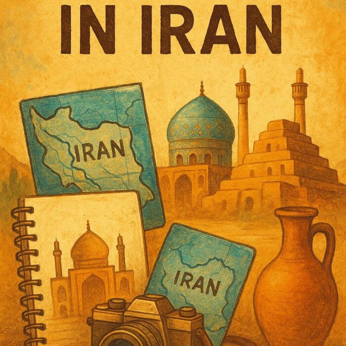 Ilustración artística para un blog de viaje de 15 días por Irán, mostrando una cámara, mapas, cuaderno de viaje y arquitectura persa tradicional con tonos cálidos y estilo vintage.