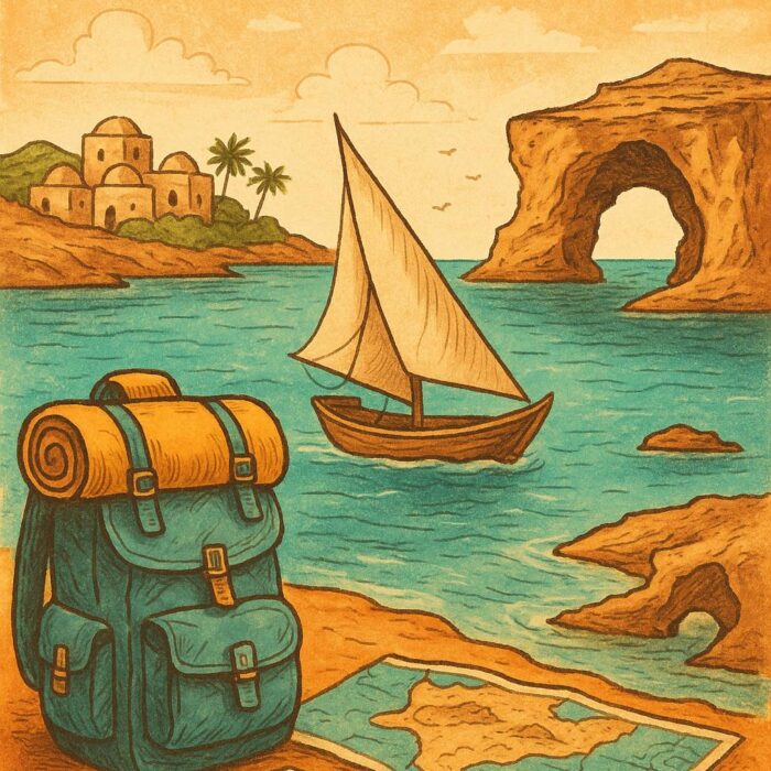 Ilustración artística de un viaje por las islas de Irán, con un velero tradicional en aguas turquesas, una mochila, mapas y las formaciones rocosas de Qeshm y Ormuz, en tonos cálidos y estilo vintage.