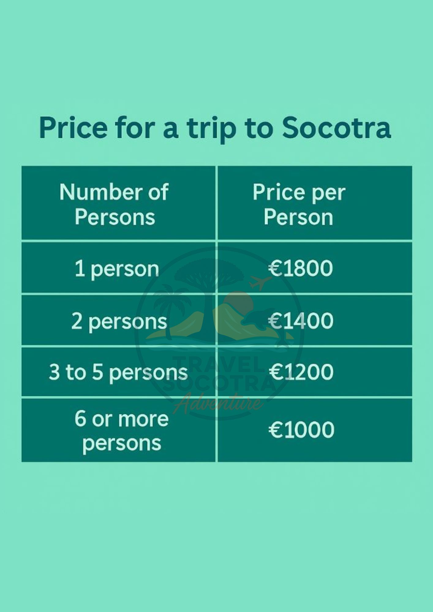 Tabla de precios del viaje a Socotra 2025 con Cabra en Altamar