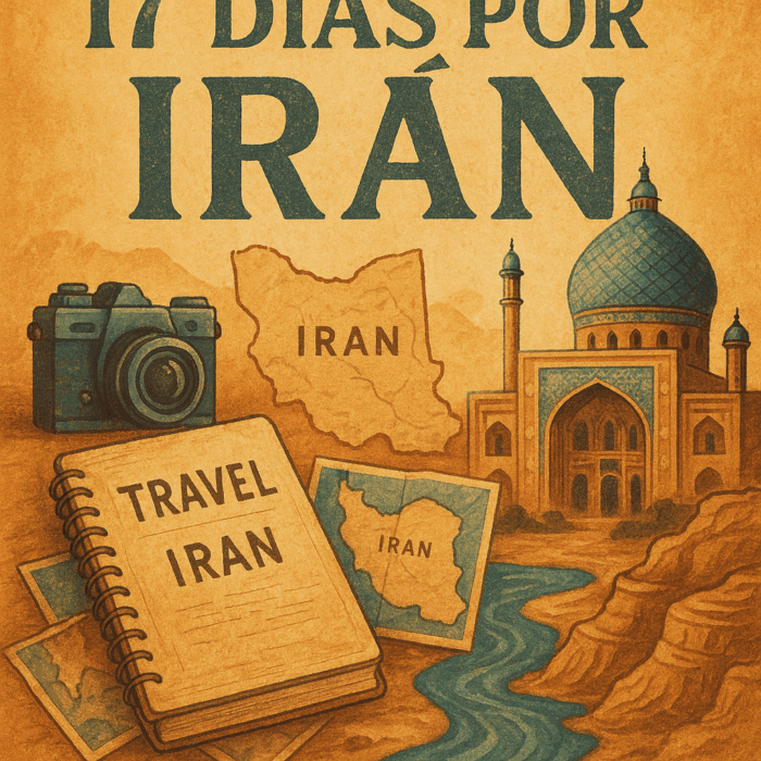 Ilustración artística de un viaje de 17 días por Irán, con una mezquita persa, un mapa del país, un cuaderno de viaje y una cámara vintage, ambientados en tonos cálidos y estilo retro evocador.