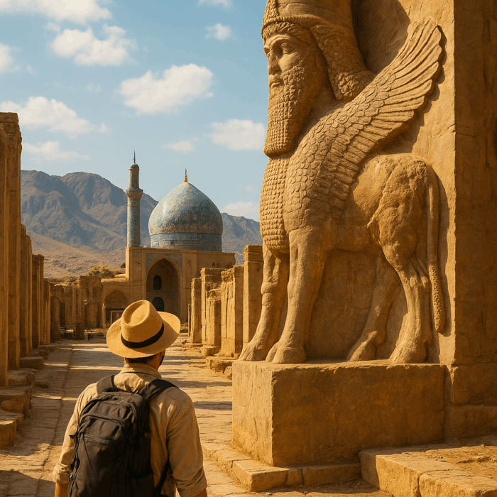 Un viajero con sombrero y mochila camina entre ruinas persas hacia una gran estatua de Lamassu, con una mezquita de cúpula turquesa y montañas al fondo, iluminadas por la luz dorada del atardecer.