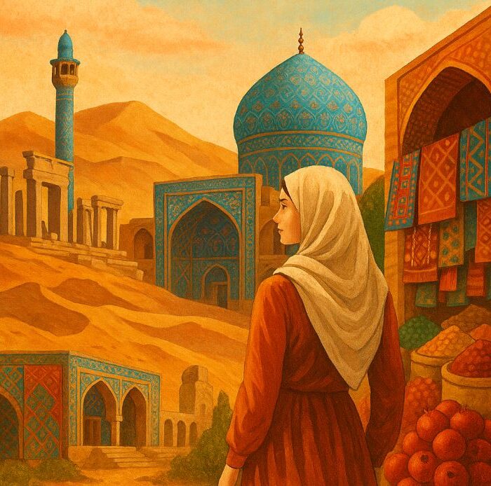 Mujer con hiyab frente a mezquitas, bazar y ruinas en Irán