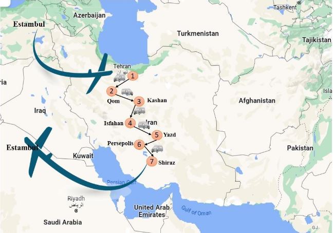 Mapa de Irán en 10 días con ruta numerada y recorrido entre Teherán, Isfahán, Yazd y Shiraz