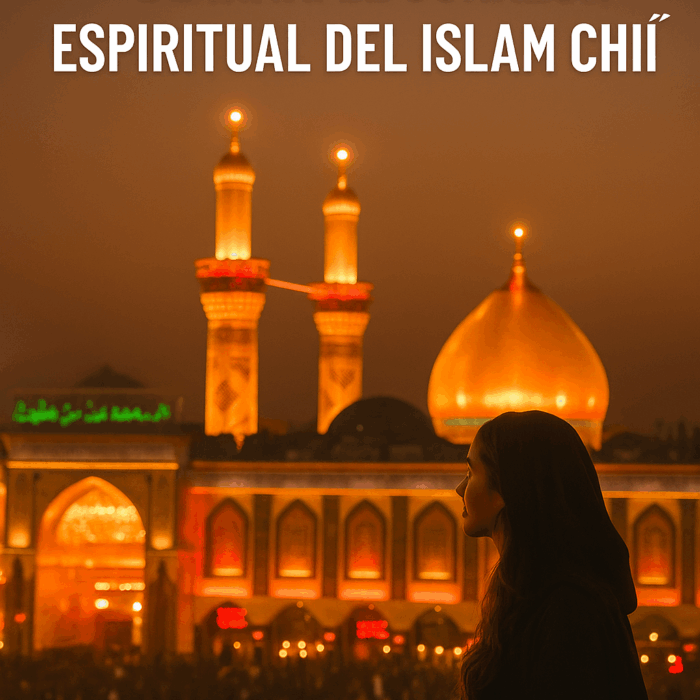 Viajera contemplando el santuario dorado del Imán Huséin al atardecer en Karbala, Irak, rodeado de peregrinos. Fotografía cálida y espiritual que refleja la fe y la belleza del lugar.