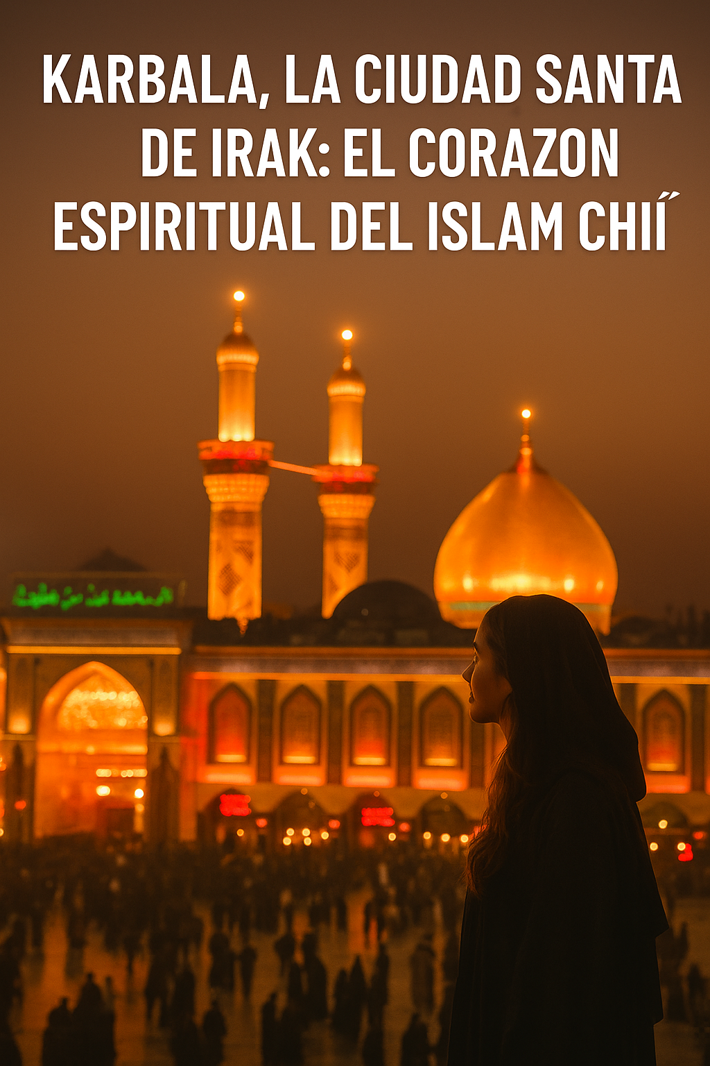 Viajera contemplando el santuario dorado del Imán Huséin al atardecer en Karbala, Irak, rodeado de peregrinos. Fotografía cálida y espiritual que refleja la fe y la belleza del lugar.