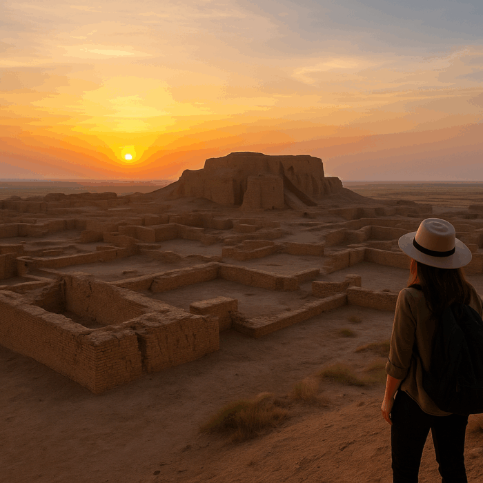 Viajera observando las ruinas de Uruk al amanecer, en el sur de Irak, frente al antiguo zigurat de Inanna. Fotografía cálida y simbólica del origen de la civilización.