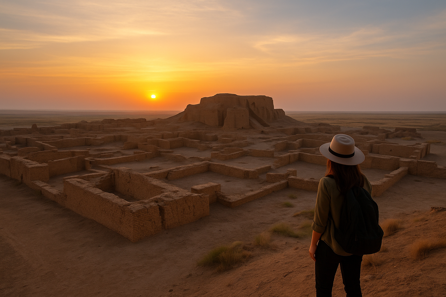 Viajera observando las ruinas de Uruk al amanecer, en el sur de Irak, frente al antiguo zigurat de Inanna. Fotografía cálida y simbólica del origen de la civilización.