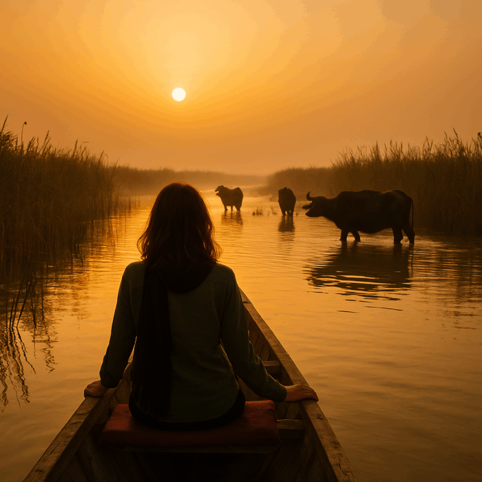 Viajera navegando en una barca entre búfalos de agua al amanecer en las Marismas de Irak, rodeada de cañas doradas y reflejos del sol naciente. Imagen cálida y serena que representa la vida y el renacimiento del humedal mesopotámico.