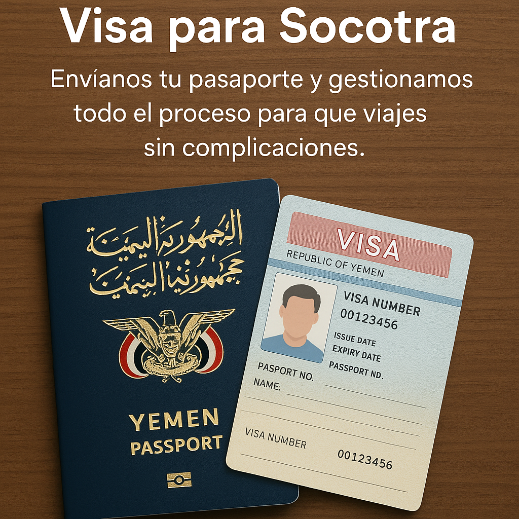 Pasaporte y visa yemení sobre una mesa de madera, documento necesario para viajar a Socotra.