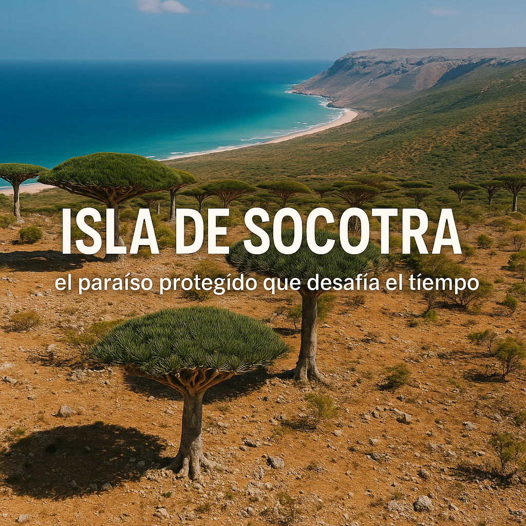 Vista aérea de la isla de Socotra con árboles sangre de dragón, montañas y playas de agua turquesa al atardecer.