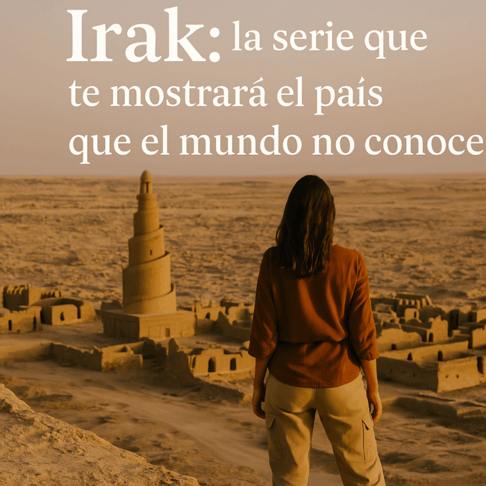 Viajera observando un atardecer dorado sobre Bagdad, Irak, representando el espíritu humano, la belleza y la historia del país en la serie Cabra en Altamar.
