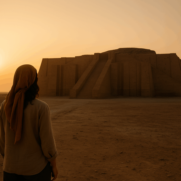 Viajera contemplando el zigurat de Ur al amanecer en el sur de Irak, con la luz dorada del sol naciente sobre el desierto. Imagen que simboliza el origen de la civilización y la fe.