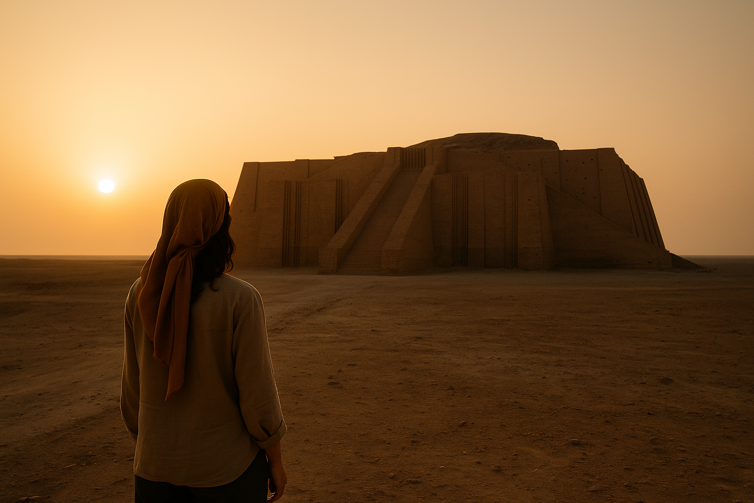 Viajera contemplando el zigurat de Ur al amanecer en el sur de Irak, con la luz dorada del sol naciente sobre el desierto. Imagen que simboliza el origen de la civilización y la fe.
