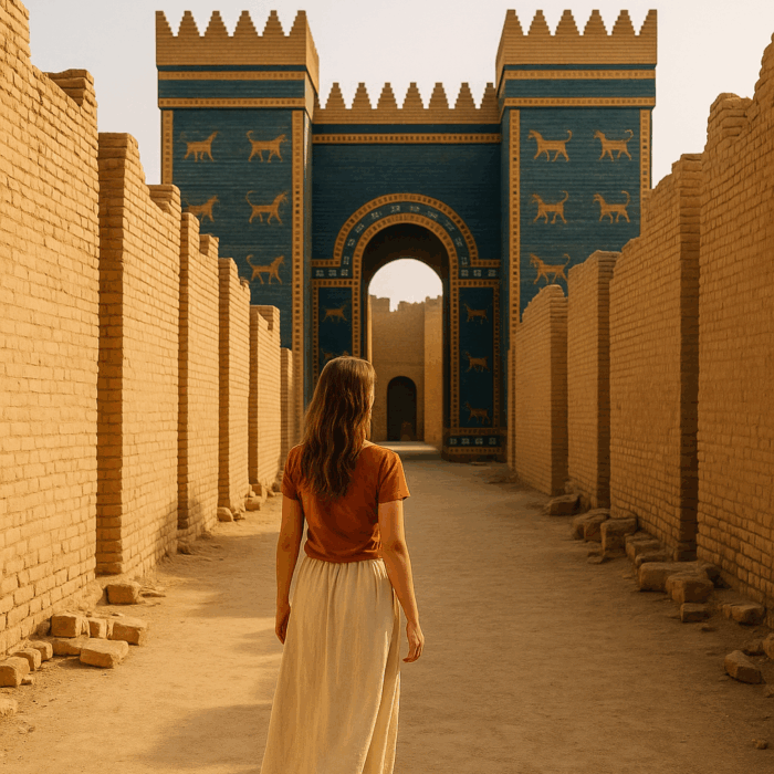 Viajera contemplando la Puerta de Ishtar en las ruinas de Babilonia, Irak, bajo la luz dorada del atardecer. Imagen que evoca la historia y el esplendor del mundo antiguo.