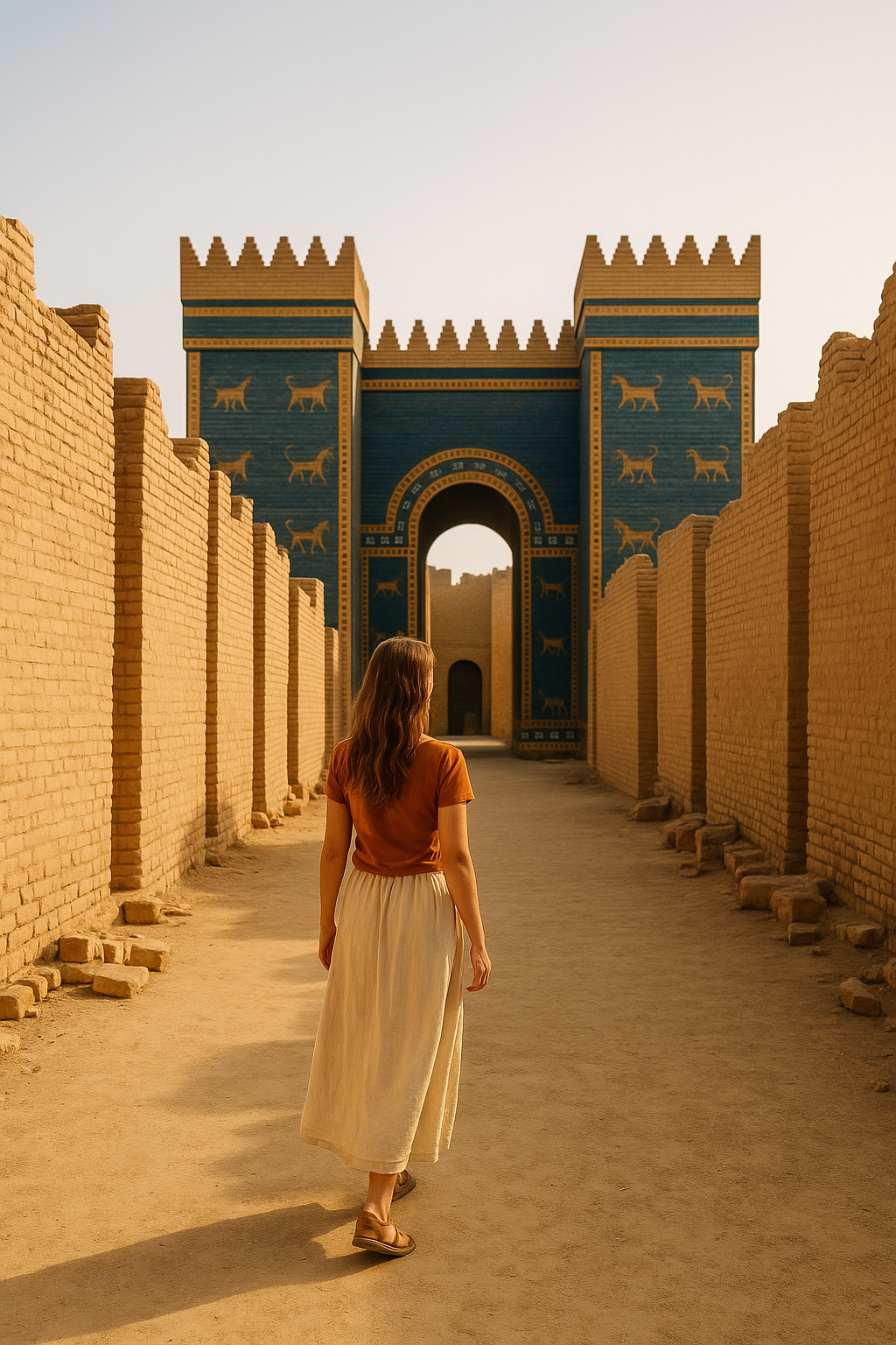 Viajera contemplando la Puerta de Ishtar en las ruinas de Babilonia, Irak, bajo la luz dorada del atardecer. Imagen que evoca la historia y el esplendor del mundo antiguo.