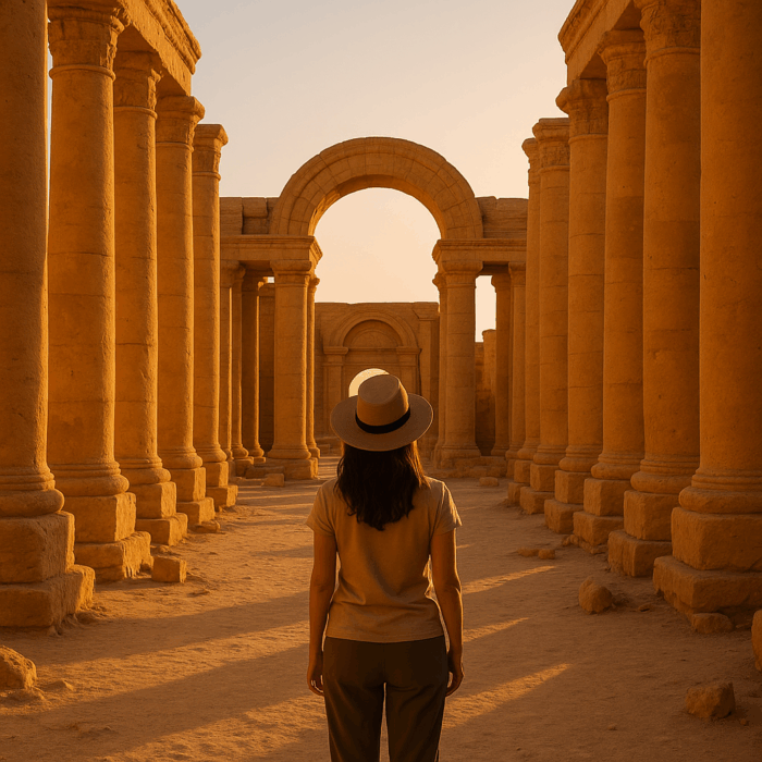 Viajera contemplando los templos de Hatra en Irak al amanecer, rodeada de columnas doradas bajo una luz cálida que simboliza la grandeza del mundo antiguo.