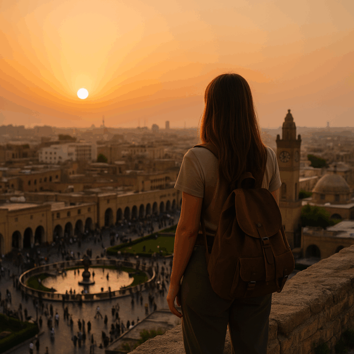 Viajera observando la ciudadela de Erbil al atardecer, con el bazar y la plaza iluminados bajo una luz dorada. Imagen que refleja la historia, la modernidad y la belleza del Kurdistán iraquí.