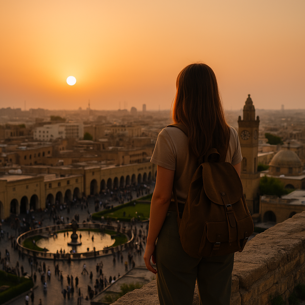 Viajera observando la ciudadela de Erbil al atardecer, con el bazar y la plaza iluminados bajo una luz dorada. Imagen que refleja la historia, la modernidad y la belleza del Kurdistán iraquí.