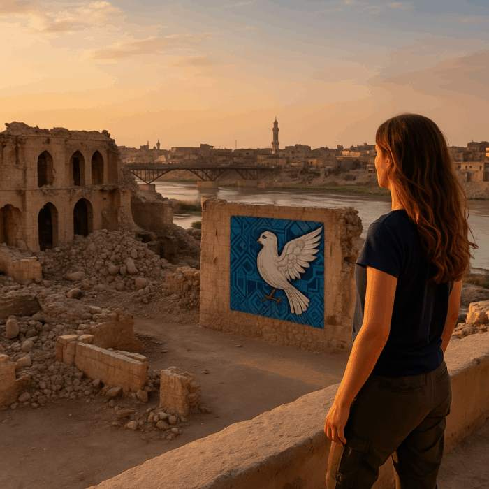 Viajera contemplando los restos restaurados de Mosul al atardecer, frente a un mural de una paloma blanca y el río Tigris de fondo. Imagen cálida que simboliza el renacimiento y la paz en Irak.